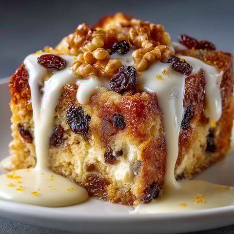 A slice of pudín de pan duro with fruit and cream.