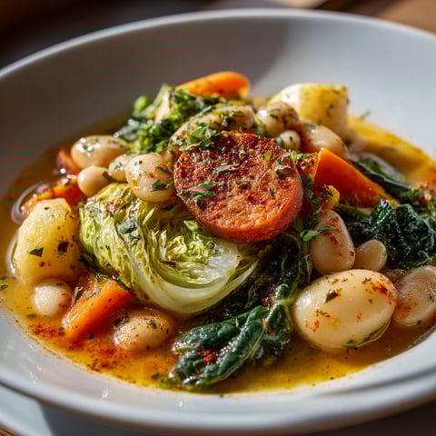 A bowl of food with a variety of vegetables and a sausage.