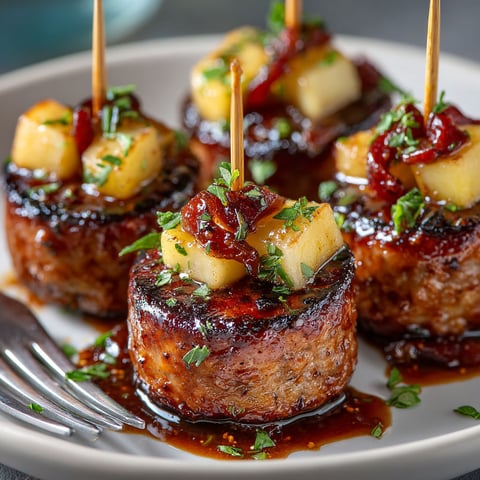 A plate of meat with pineapple on top.