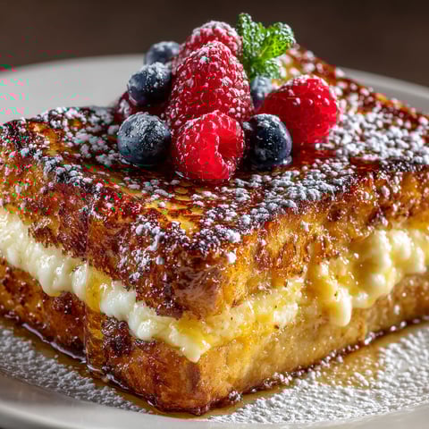 A plate of Torrijas de Brioche con Especias Navideñas y Frutos Rojos.