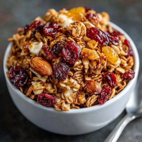 Granola casero saludable crujiente con miel: copos de avena dorados, nueces y desayuno delicioso.