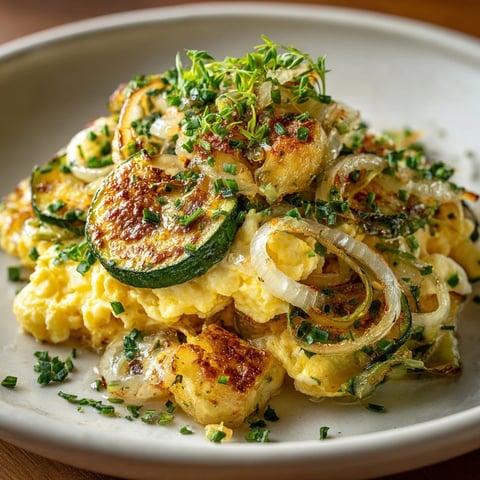 Zarangollo Murciano cremoso con huevos revueltos, cebolla caramelizada y calabacín tierno, perfecto para Cuaresma.