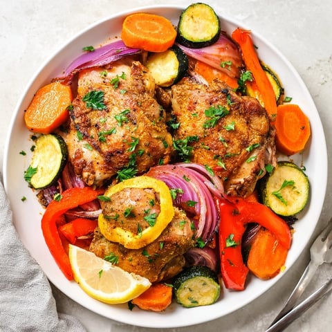 Delicioso y colorido plato de Saffron Chicken & Vegetable Sheet Pan servido con limón.  