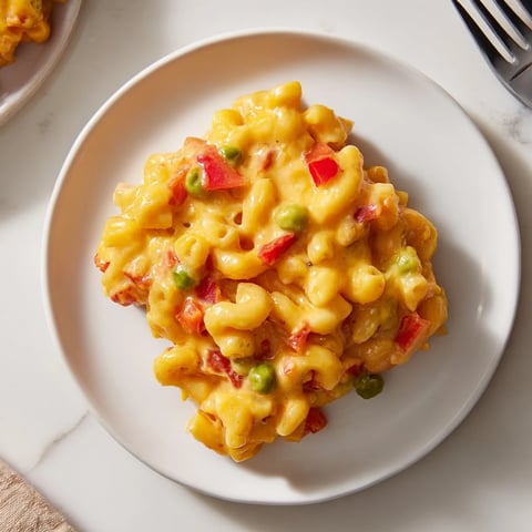 Una fusión vibrante de paella española y macarrones con queso.