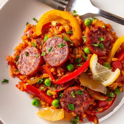 Plato colorido de paella de chorizo y pimientos con hierbas frescas.