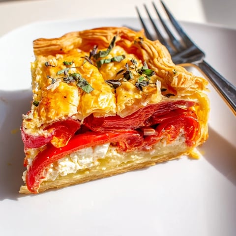 Tarta de queso de cabra y pimientos rojos asados, servida en una corteza crujiente.  