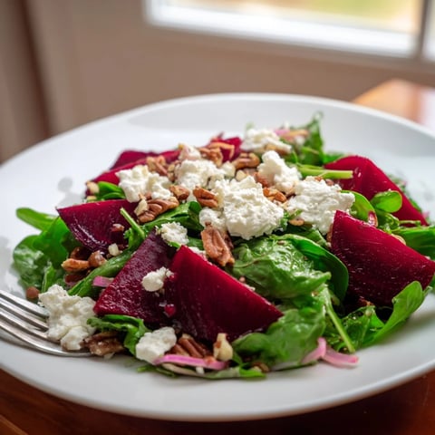 Vibrant pickled beet salad with creamy goat cheese, ready to enjoy with toasted nuts and fresh greens.
