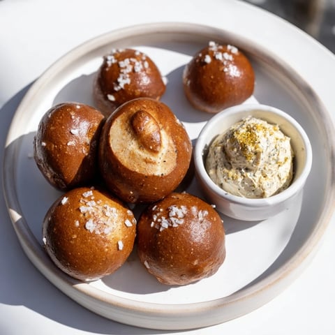 Warm Christmas market pretzel bites, freshly baked, ready for dipping into aromatic zaatar butter.