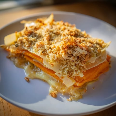 Creamy, golden Pumpkin or Sweet Potato Gratin, baked until bubbly, ready for a comforting side.