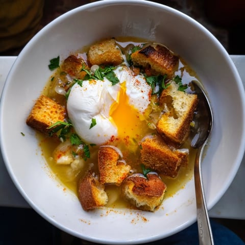 A steaming bowl of Castilian Garlic Soup with a perfectly poached egg, ready to be enjoyed.