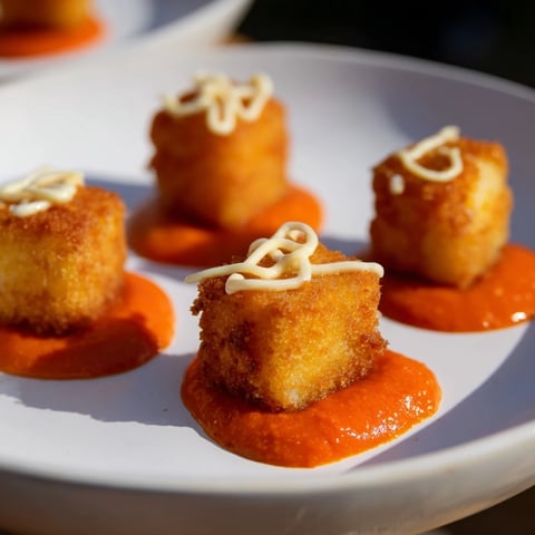 Golden, crispy homemade Patatas Bravas, smothered in vibrant red bravas sauce, perfect appetizer.