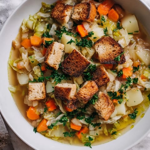 A steaming bowl of Sopa Pobre de Invierno garnished with parsley and crunchy bread croutons.