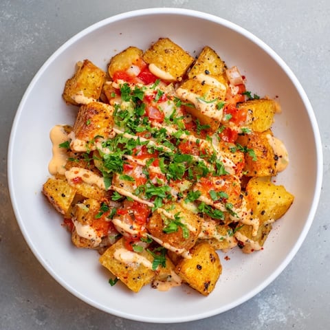 Crispy Merkén-Spiced Patatas Bravas, golden and delicious, ready to be enjoyed with the tomato sauce.