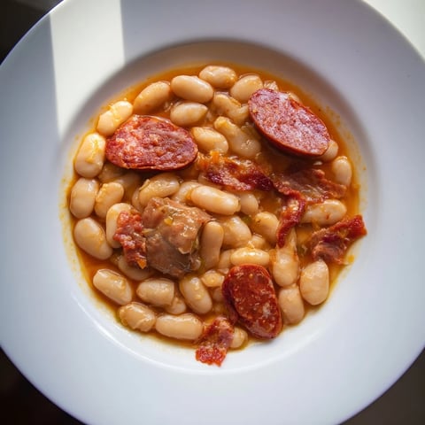 A simmering pot of Budget Fabada Asturiana, a hearty Spanish white bean stew, ready to serve.