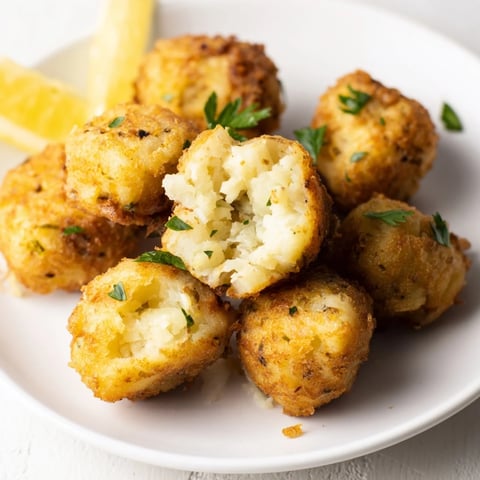 Golden-brown Simplified Bacalao Bites, delightfully crispy, served with fresh lemon wedges for dipping.