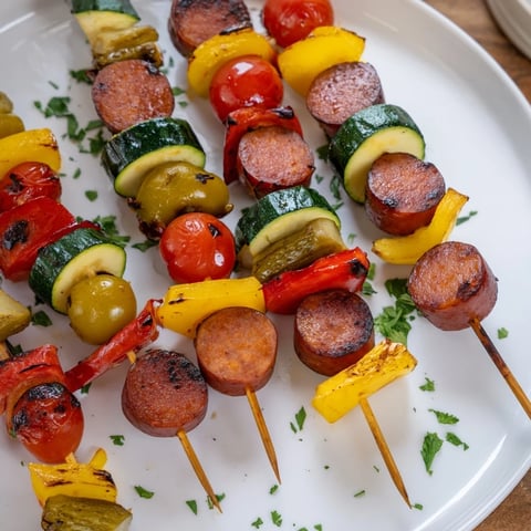 Vibrant Lightened Chorizo Appetizer Skewers, grilled with colorful peppers, ready for a delicious bite.