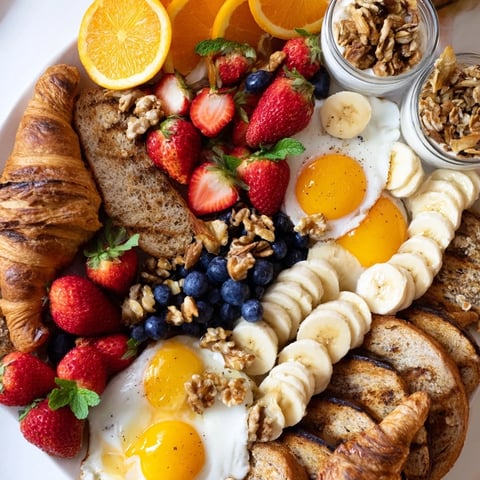 A colorful Soleil Matinal breakfast platter with fresh fruits, eggs, bread, and honey-drizzled yogurt.