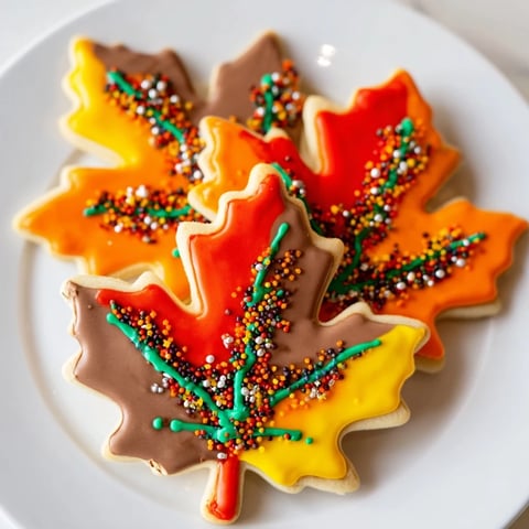 Decorated Maple Leaf Cookies, ready to eat, featuring vibrant fall colors and festive sprinkles.