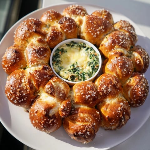 Warm, golden pretzel wreath dip ring ready with a bubbly spinach dip, perfect for sharing.
