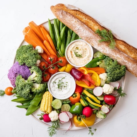 Veggies overflow a colorful Cornucopia Veggie Board, perfect as a festive Thanksgiving appetizer.