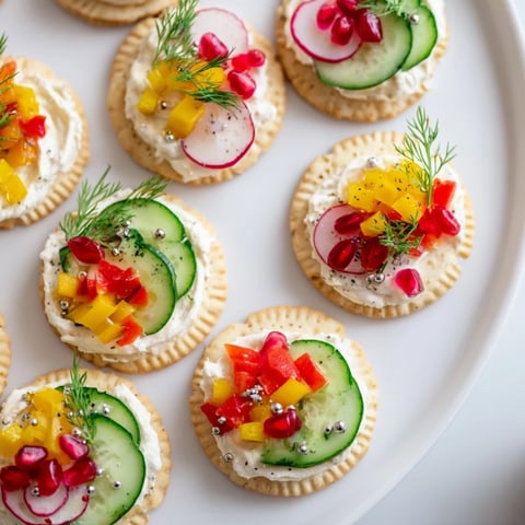 Ornament Shaped Cracker Toppings arranged festively, displaying colorful toppings of vegetables and creamy base for serving.