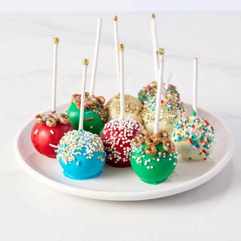 Festive ornament ball cake pops, colorful and coated, ready for the holiday season enjoyment.