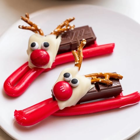 Deliciosas trineos de bastones de caramelo Rudolph, decorados con pequeños ojos dulces y una nariz roja.