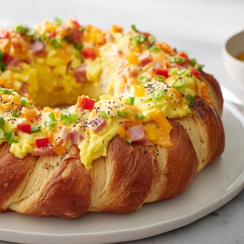 Golden brown Wreath-Shaped Egg and Ham Bake, a savory, festive brunch delight, ready to serve.