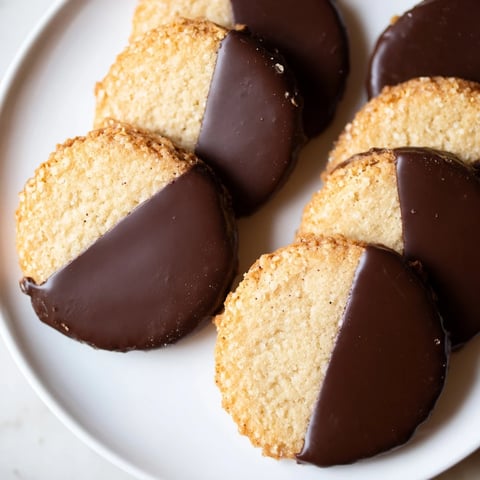 Lightly golden Simple Cookies: Vanilla Wafers, beautifully dipped in flowing, dark chocolate, ready to enjoy.