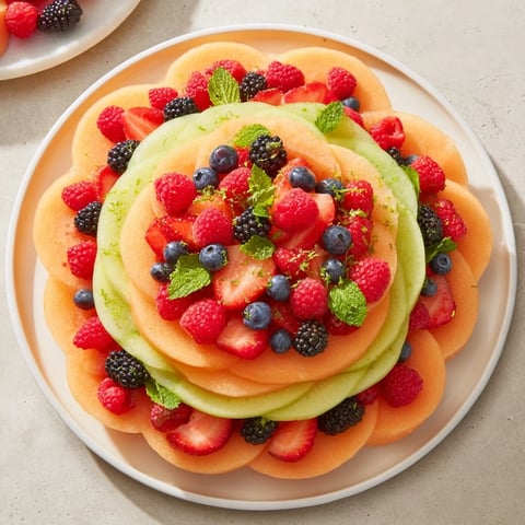 A colorful fruit platter showcasing layered circles of juicy cantaloupe, berries, and watermelon.