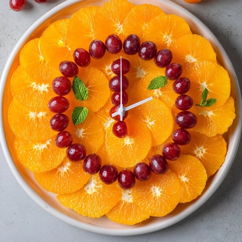 Colorful brunch: A Grape and Orange Slice Clock Face, a visually stunning fruit platter with vibrant oranges.