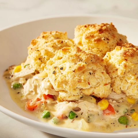 Chicken Cobbler with Red Lobster mix, golden-brown biscuits sitting atop a savory chicken and vegetable filling.