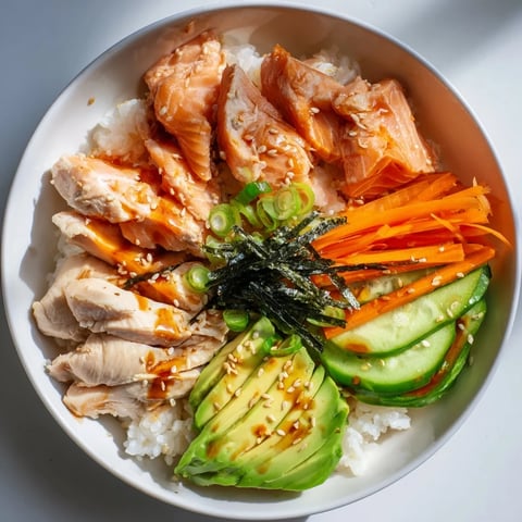 A colorful Japanese-style Salmon & Chicken Rice Bowl, showcasing tender salmon and juicy chicken.