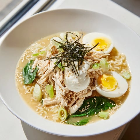 Creamy Chicken Ramen topped with soft egg, drizzled Kewpie mayo, and fresh scallions, ready to eat.