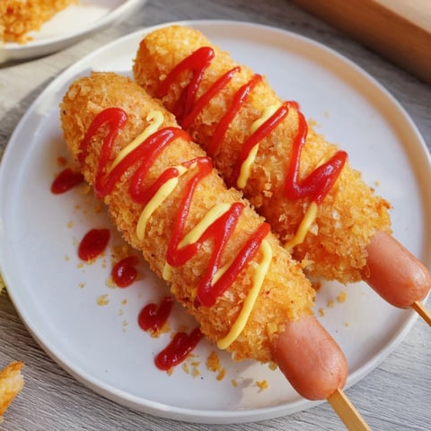 Golden, crispy Korean-Inspired Corn Dogs, ready to eat, are a perfect savory snack.