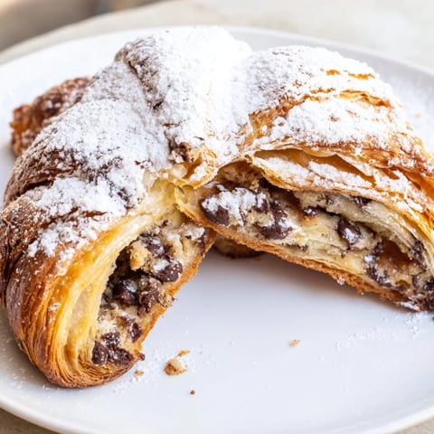 Golden, baked Cookie Croissant, a flaky pastry bursting with gooey chocolate chip cookie dough.