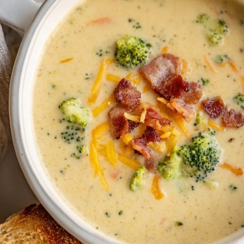 Creamy broccoli cheddar soup in a bowl, topped with crispy bacon and extra cheese.