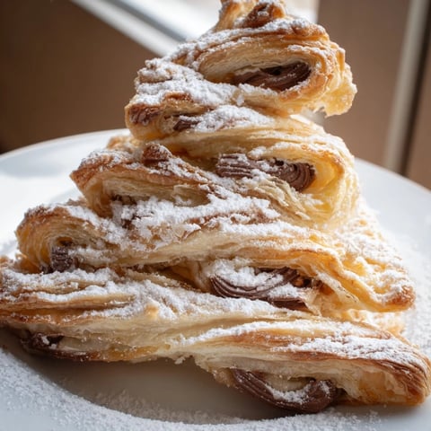 Golden, crispy Nutella Pastry Christmas Trees, perfect for holiday gatherings and served warm from the oven.