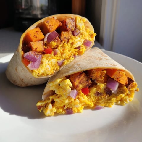 Sweet Potato Breakfast Burritos, a warm, savory breakfast, filled with golden roasted sweet potatoes.