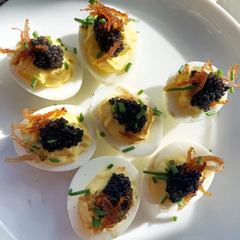 Elegant deviled eggs topped with caviar and crispy shallots, a gourmet appetizer.