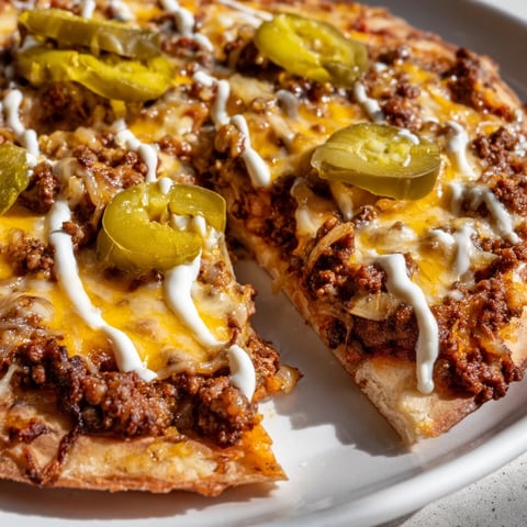 Ground Beef Taco Pizza, a delicious pizza topped with seasoned ground beef and melted cheese.
