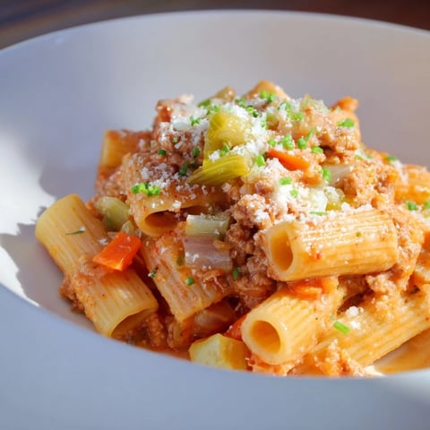 Creamy kimchi ragu pasta with a sprinkle of scallions, ready to enjoy.