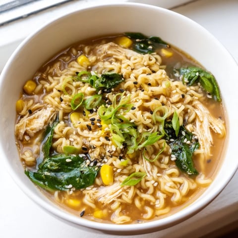Silky egg ribbons and tender noodles in a bowl of flavorful Elevated Ramen Egg Drop Soup.