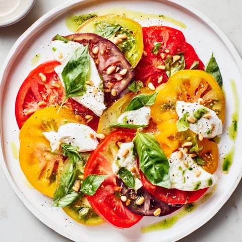Heirloom tomato salad board with colorful tomatoes, creamy burrata, and basil oil ready to serve.