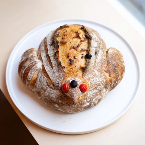 Festive turkey-shaped sourdough bread, golden brown and crusty, ready for a Thanksgiving feast.