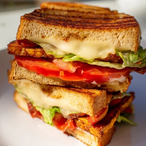 Golden-brown Vegan Bacon BLT Grilled Cheese, oozing melted cheese and crispy vegan bacon layers.