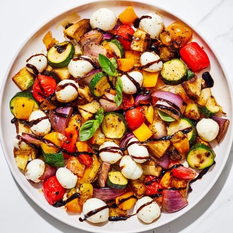 Roasted Veggie Caprese Salad with colorful roasted vegetables and creamy mozzarella pearls.