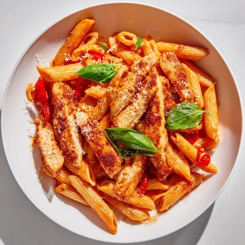 Spicy Tomato Chicken Pasta with vibrant red sauce and tender chicken strips, ready to enjoy.