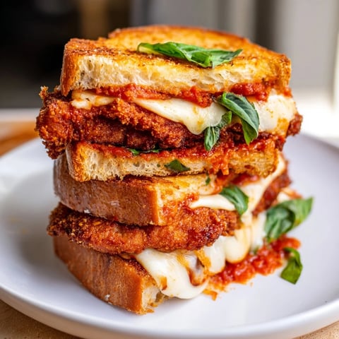 Crispy Chicken Parm Grilled Cheese with melted mozzarella and marinara, ready to be enjoyed.