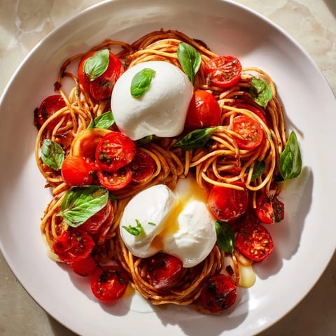Creamy Burrata Caprese Pasta with melted cheese and fresh basil, ready to serve and enjoy.